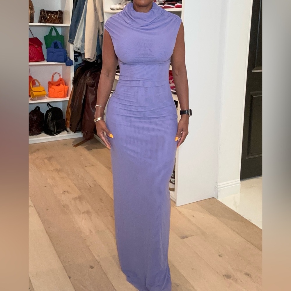 Naked Wardrobe PURPLE MESH DRAPE CAP SLEEVE MAXI DRESS